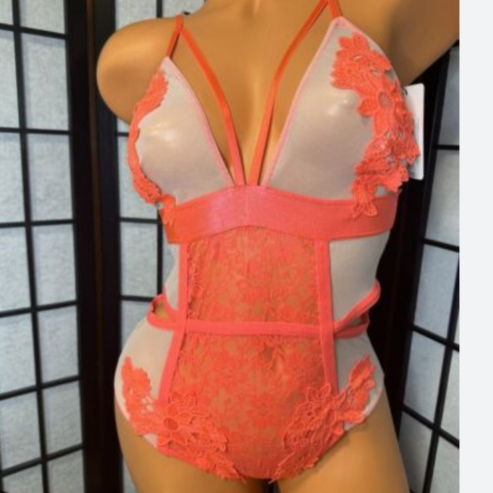 New French Affair Women Lace Bodysuit Babydoll Teddy Lingerie Coral/Nude 3X